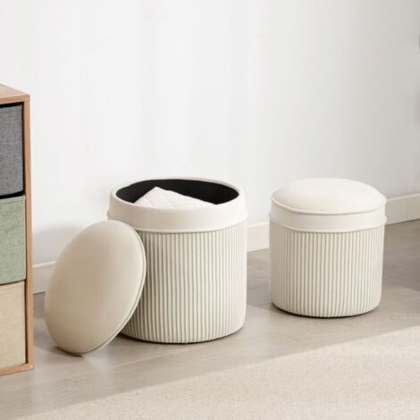 Lot de 2 poufs de rangement en velours, repose-pieds ronds gigognes avec couvercle amovible, Ø 36 et Ø 32 cm, crème