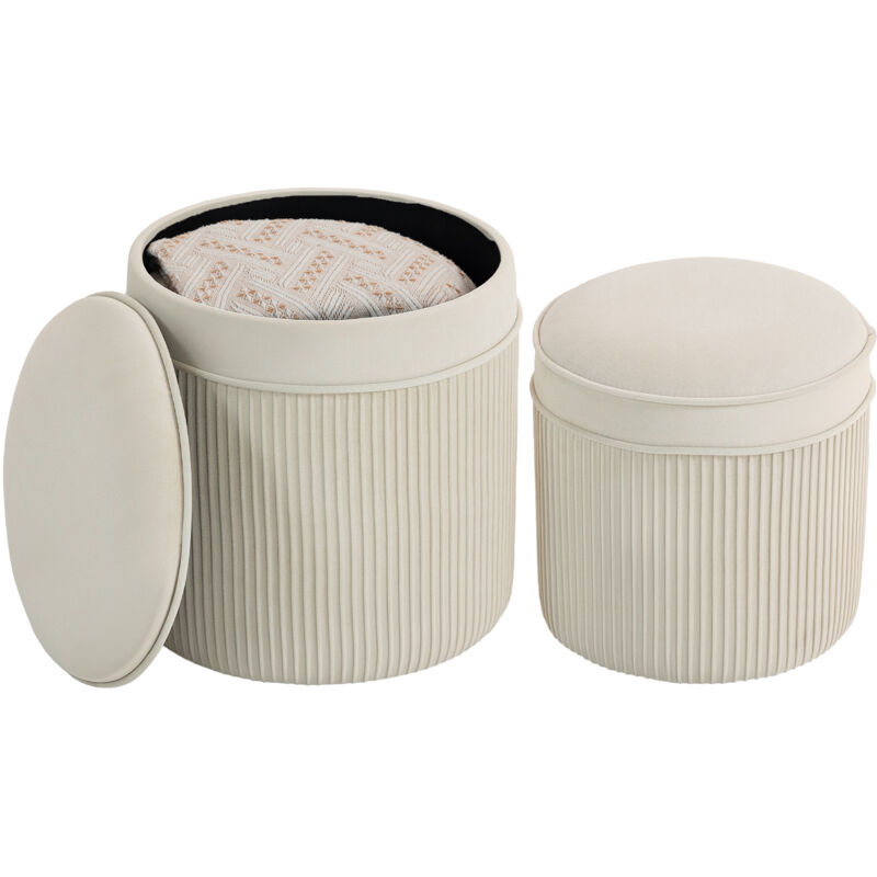 Lot de 2 poufs de rangement - HOMCOM - ronds gigognes - couvercle amovible - velours - Ø 36 et Ø 32 cm - crème
