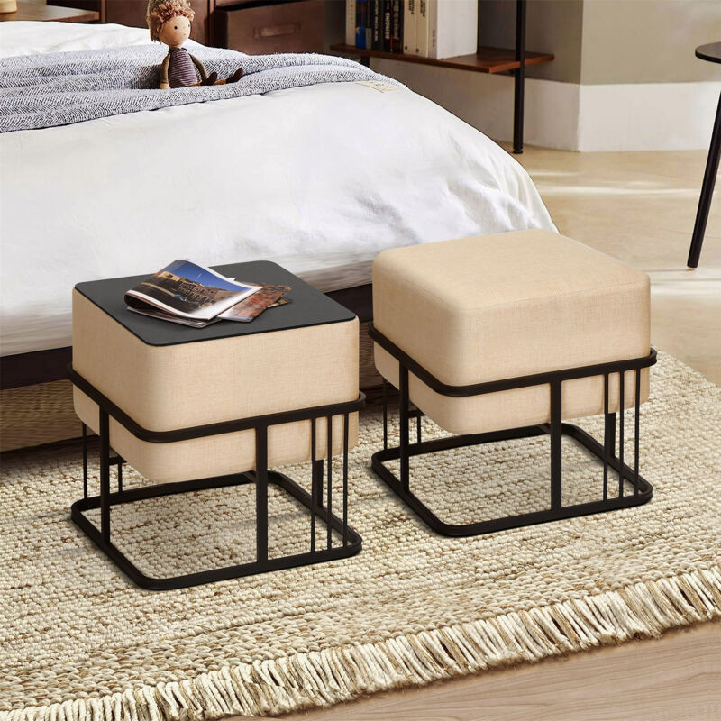 [en.casa] - Lot de 2 poufs empilables Tas multifonctionnel carré beige