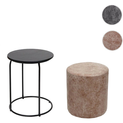 Lot de 2 poufs et table d'appoint HWC-K48 - table basse table tabouret - certifié MVG MDF métal similicuir - noir