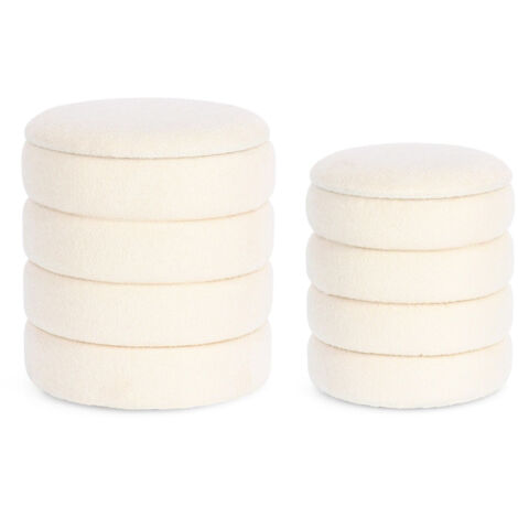 Lot de 2 poufs rond 33,5 et 40 cm en tissu bouclette blanc - SHERPA
