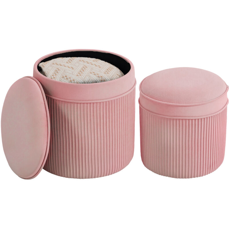 Lot de 2 Poufs Ronds Empilables avec Rangement, Tabouret de Salon en Velours, 34.8L, pour Séjour et Chambre, Rose