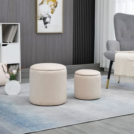 Lot de 2 poufs tabourets repose-pieds coffre de rangement en tissu aspect velours côtelé Ø40 cm et Ø30 cm, crème