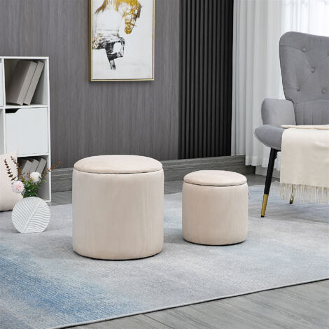 Lot de 2 poufs tabourets repose-pieds coffre de rangement en tissu aspect velours côtelé Ø40 cm et Ø30 cm. crème