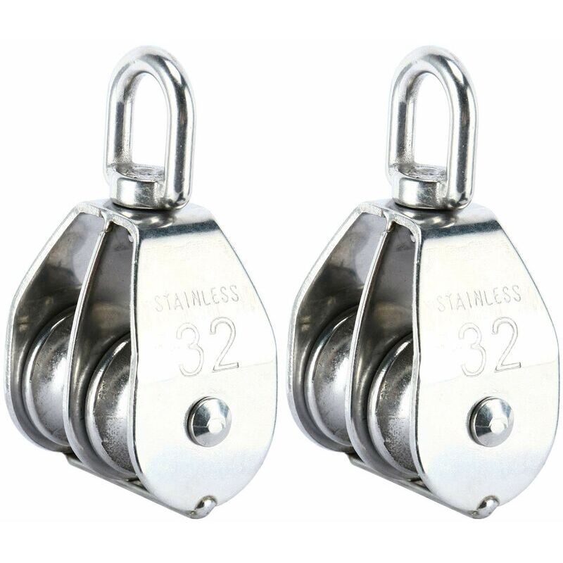 Lot de 2 poulies doubles en acier inoxydable 304 crochet pivotant pour grue double poulie chargement de rouleaux (M32)