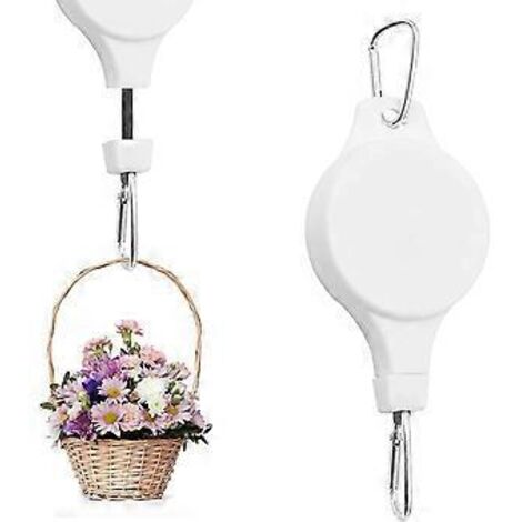 Lot de 2 poulies pour paniers suspendus, rétractables, réglables et robustes, avec 3 crochets de plafond blancs pour suspension de plantes.