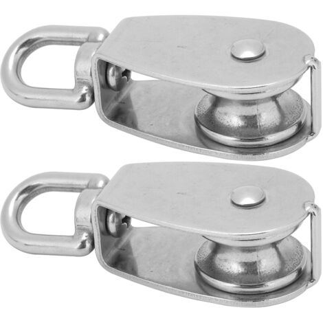 Lot de 2 poulies simples en acier inoxydable pour câble de levage et remorquage, avec câble suspendu et roue.