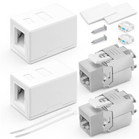 Lot de 2 prises blindées CAT 7 - Avec 2 modules RJ45 plaqués or et 2 ports Keystone Jack blancs - Montage en saillie - 10 Gbit/s - 600 MHz - Pour LAN, Internet, Smart Home