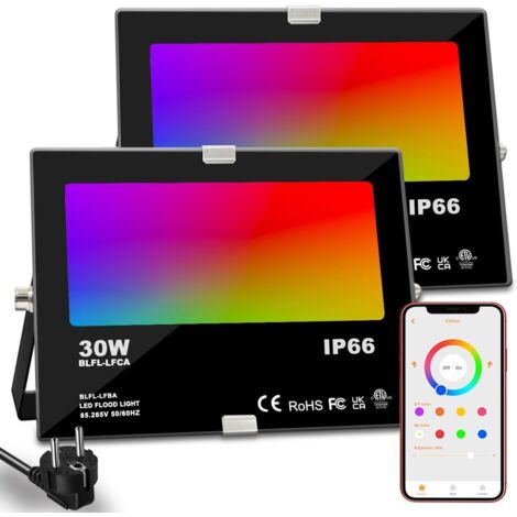 Lot de 2 Projecteur LED extérieur 30W, RGBW 16 millions couleurs, Minuteur, IP66 étanche, Blanc chaud 2700K pour Jardin