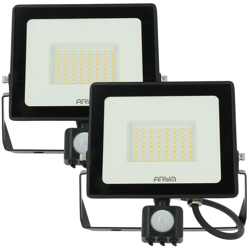 Arum Lighting – Lot de 2 projecteurs LED 50W noir avec détecteur de mouvement – IP44 – Lumière blanche froide 6000K – Angle d'éclairage 120° – Lumens