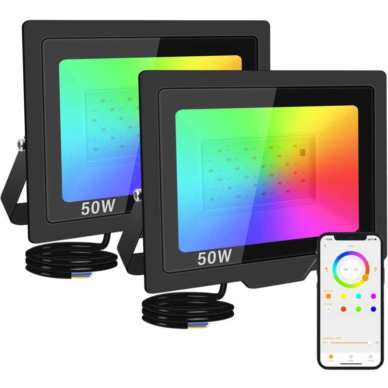 2PCS 50W rgbcw Projecteur led Extérieurs Avec Application Exterieur & Interieur MultiCouleurs 4 Modes Lumière de Projecteur, Neon Spot Led Pour