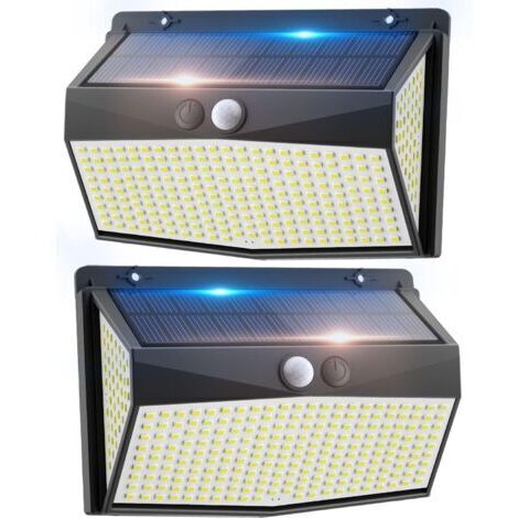 Lot de 2 projecteurs solaires d'extérieur à 318 LED avec détecteur de mouvement, 600 lm, 6 500 K, étanches IP67, 3 modes d'éclairage, grand angle de 270 °, éclairage mural de sécurité