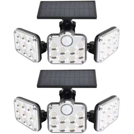 Lot de 2 projecteurs solaires extérieurs 138 LED 2200 lm avec télécommande, étanche IP65, 3 têtes réglables, grand angle 270°, lumière de sécurité sans fil pour garage, terrasse, porche, jardin