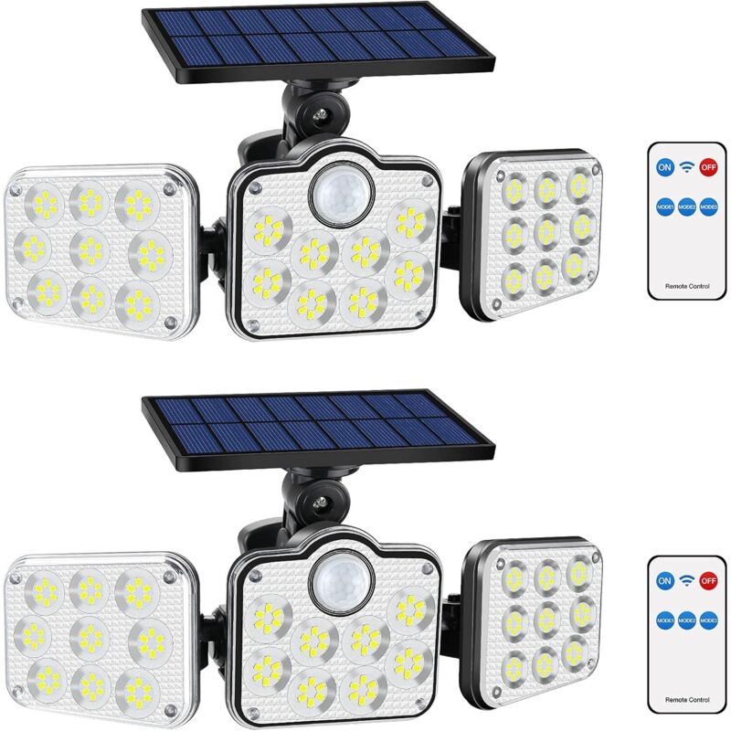 Lot de 2 projecteurs solaires extérieurs 138 led 2200 lm avec télécommande, étanche IP65, 3 têtes réglables, grand angle 270°, lumière de sécurité