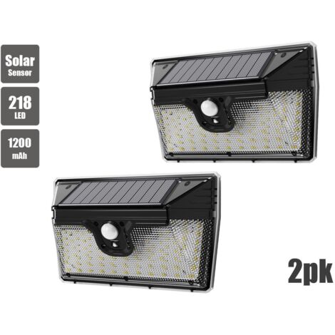 Lot de 2 projecteurs solaires LED 218 pour jardin extérieur, avec détecteur de mouvement et éclairage de sécurité mural étanche.