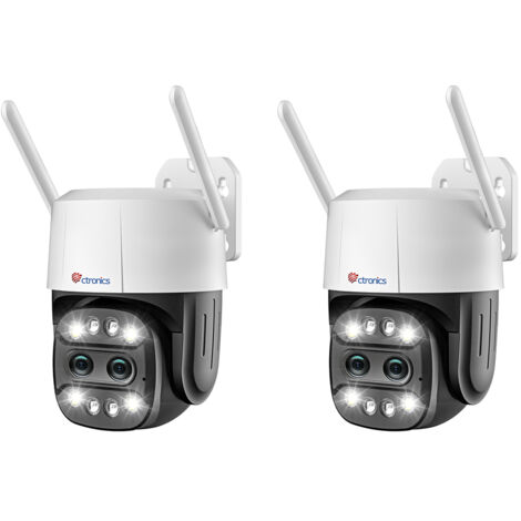 Lot de 2 PTZ Caméra Surveillance WiFi Ctronics avec 2 Objectif, Zoom Hybride 6X， Suivi Auto avec Zoom Auto, Détection Humaine, Vision Nocturne Couleur Blanc