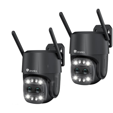 Lot de 2 PTZ Caméra Surveillance WiFi Ctronics avec 2 Objectif, Zoom Hybride 6X， Suivi Auto avec Zoom Auto, Détection Humaine, Vision Nocturne Couleur Noir