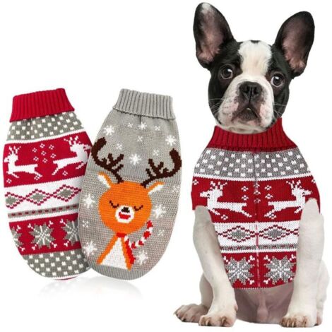 Lot de 2 Pulls de Noël pour Chien et Chat - Motif Flocons de Neige - Motif Renne - Tricot - Vêtements d'hiver pour Animaux de Compagnie - pour Chatons et Petits Chiens - Taille S, élan + Faon