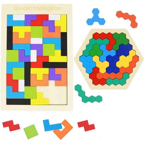 Lot de 2 puzzles de blocs russes en bois + puzzles hexagonaux pour enfants et adultes, casse-tête, jouet 3D, blocs russes, jeu de géométrie, logique, IQ, jouets éducatifs pour enfants