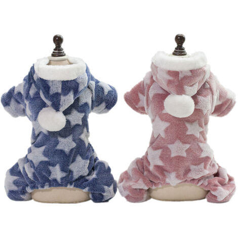 Lot de 2 pyjamas pour petit chien, combinaison d'hiver en polaire à capuche avec veste et manteau à 4 pattes (bleu et rose)