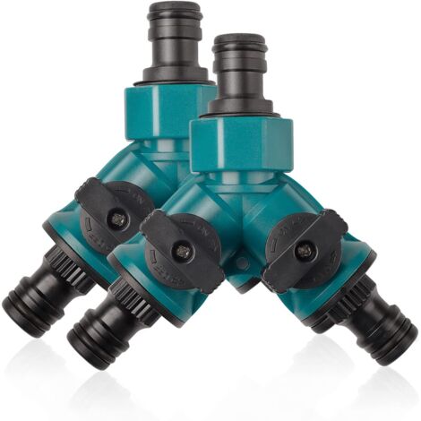 Lot de 2 raccords de tuyau à 2 voies avec vanne d'arrêt - Raccord rapide - Tuyau d'arrosage - Raccord de tuyau d'arrosage - Pour robinet 3/4po