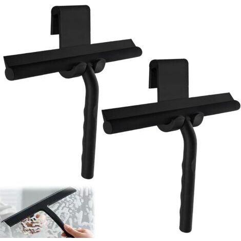 Lot de 2 raclettes de douche en silicone avec crochet, 34 cm avec support, raclette de douche multi-usages pour portes en verre, miroirs, carreaux, voitures (noir)