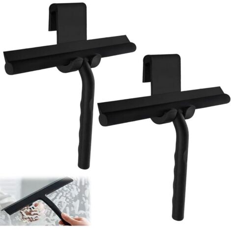 Lot de 2 raclettes de douche en silicone avec crochet, 34 cm avec support, raclette de douche multi-usages pour portes en verre, miroirs, carreaux, voitures (noir)