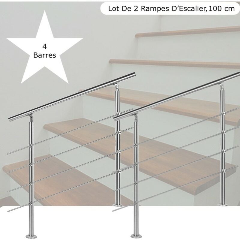 Lot 2 Rampes D'Escalier Sur Pied, 100 cm, Acier Inoxydable, 4 Barres - Acier