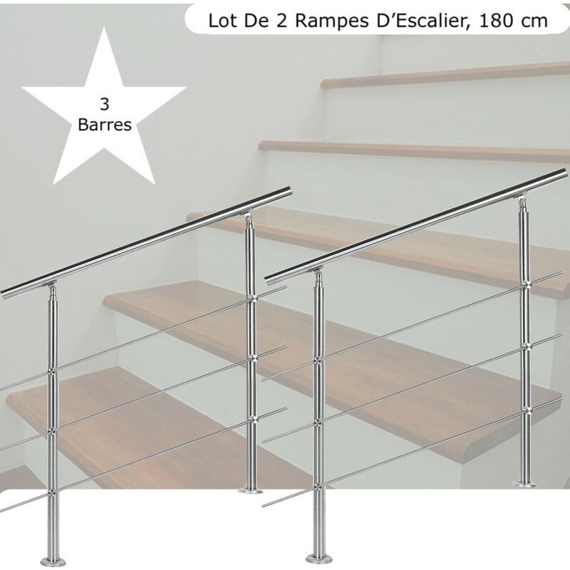 Lot, 2 Rampes D'Escalier Sur Pied, 180cm, Acier Inoxydable, 3 Barres - Acier
