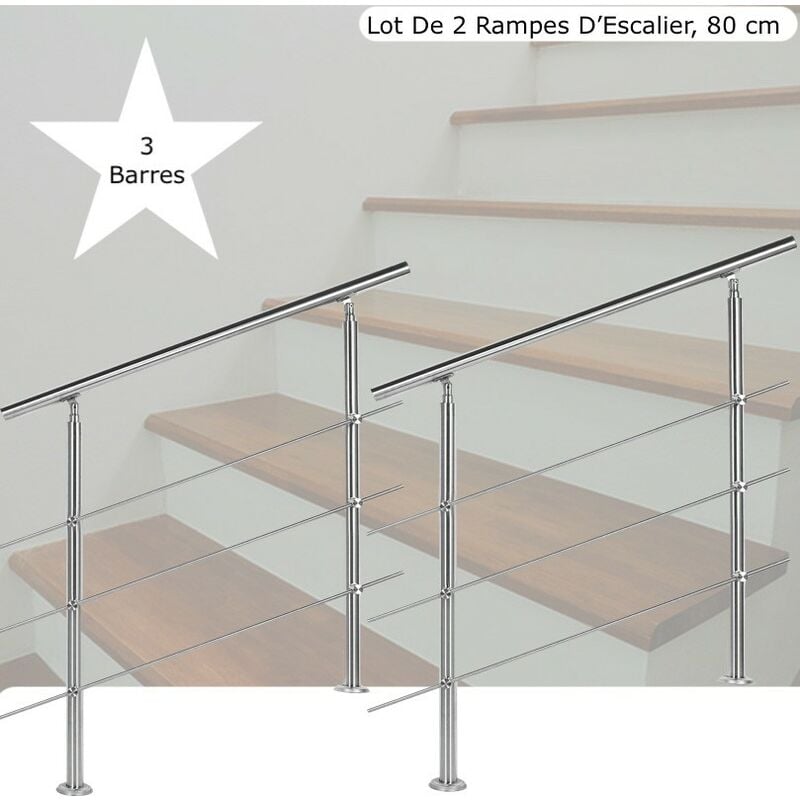 Lot de 2 Rampes D'Escalier Sur Pied, 80cm, Acier Inoxydable, 3 Barres - Acier