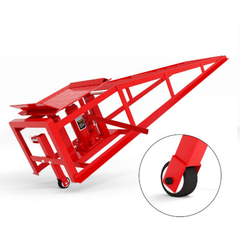Lot de 2 rampes de levage hydrauliques 5T roulettes 11065 lbs. Hauteur 23-36 cm outil portable pour vidange d’huile et garage couleur rouge.
