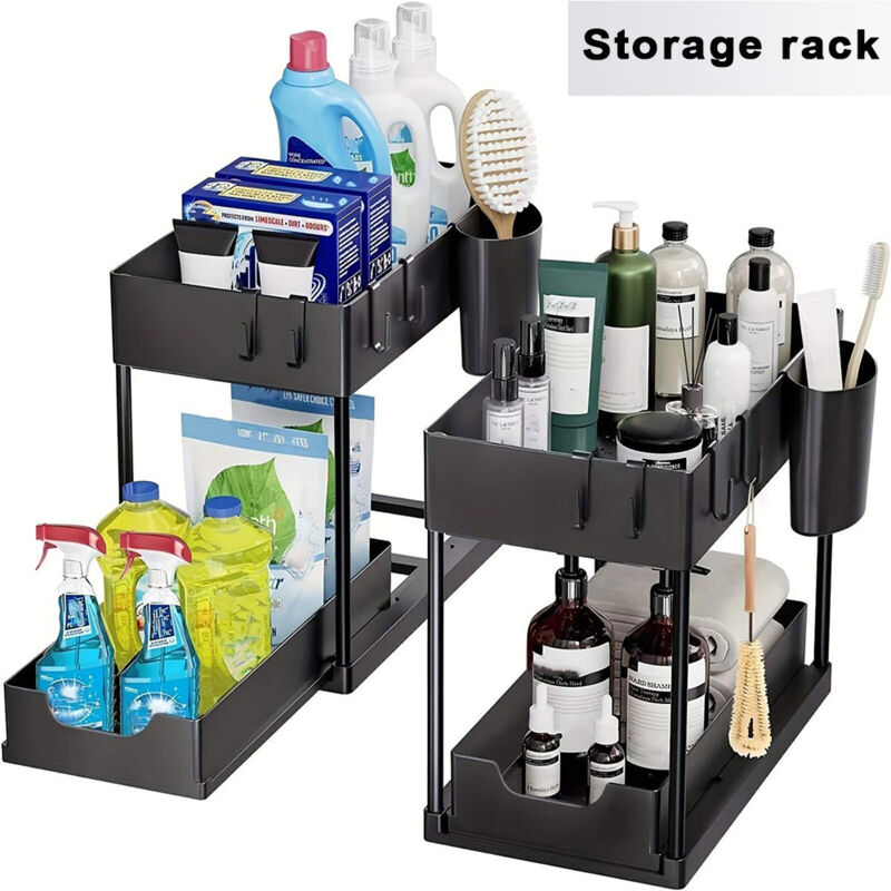 Lot de 2 Rangement sous Évier - Organisateur sous Evier Tiroir Coulissant à Extraction - Rangement cuisine De Cuisine - Panier de rangement