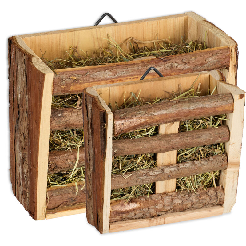 Relaxdays - Lot de 2 râteliers à foin, mangeoires pour lapins & cochons d'Inde, 2 tailles, à accrocher, bois, nature