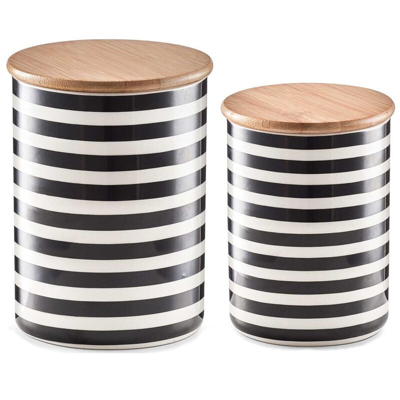 Lot de 2 récipients en céramique à rayures avec couvercle en bambou Zeller