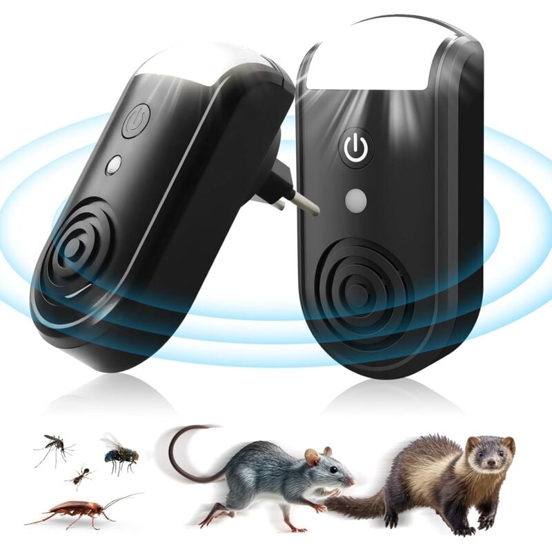 Lot de 2 Repulsif Souris Ultrason Rongeur Rat Veilleuse, Prises Répulsif Nuisible Esthétique Électronique Intérieur Naturel Anti-Rongeurs Furet