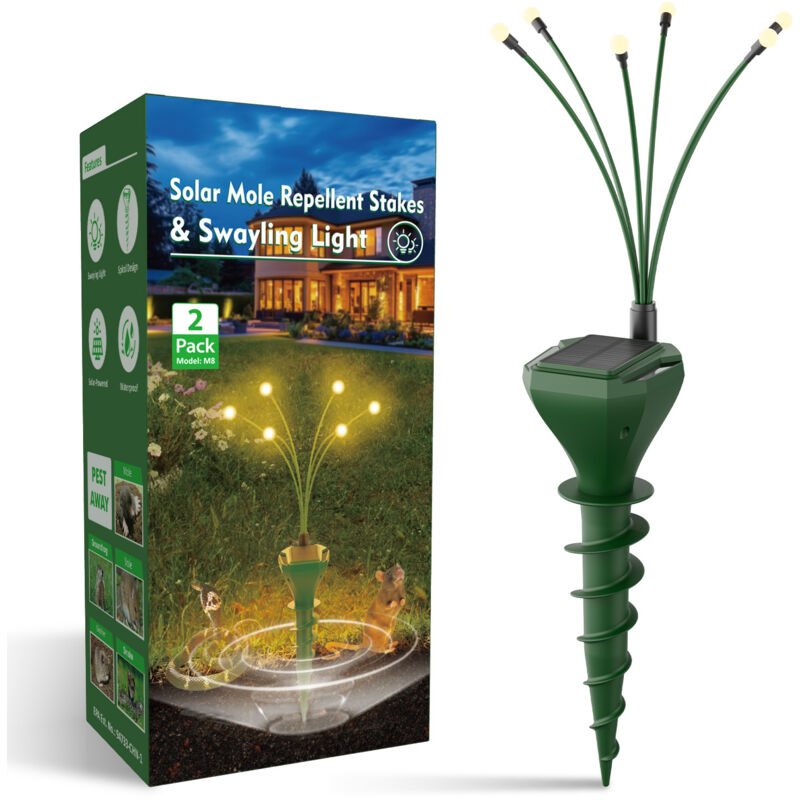 Lot de 2 répulsifs anti-taupes pour pelouse, piquets solaires anti-gaufres pour extérieur avec lumière oscillante, élimine les campagnols serpents,