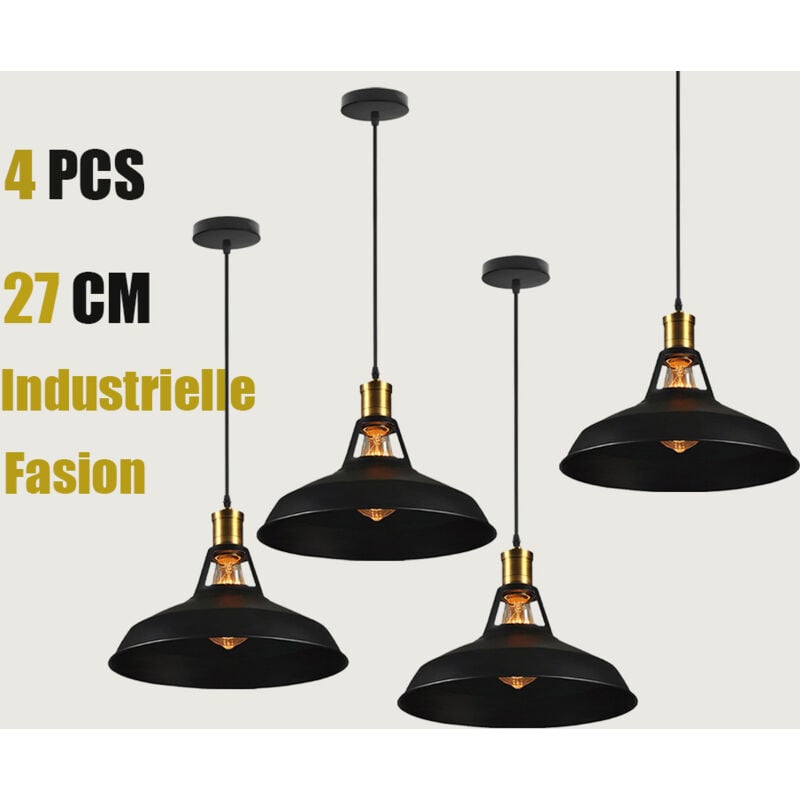 Rétro Vintage Industrielle Lustre Suspension E27 Luminaire Adjustable pour Salon Chambre Noir 4PCS