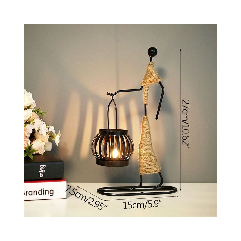 Lot de 2 Rétro en Fer Noir Bougeoirs pour Tables,bougeoir Vintage en Forme de Petite Fille avec Corde de Chanvre pour la Maison,la Saint-Valentin,Le