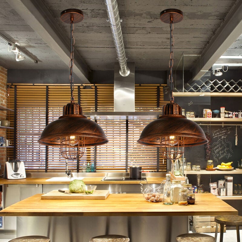 Lot de 2 Rétro Vintage Lustre Suspension Industrielle E27 33cm Plafonnier Abat-jour en Métal Luminaire Bronze