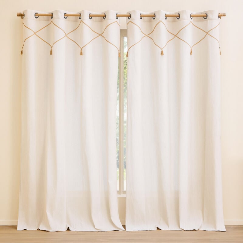 L'effet Papillon - Lot de 2 Rideaux à Œillets Lacia - 140 x 240 cm - Polycoton Uni avec Détails en Jute et Pompons