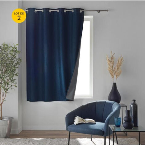 Lot de 2 rideaux à œillets 140 x 180 cm 100% occultant thermique - Modèle Crépuscule Bleu