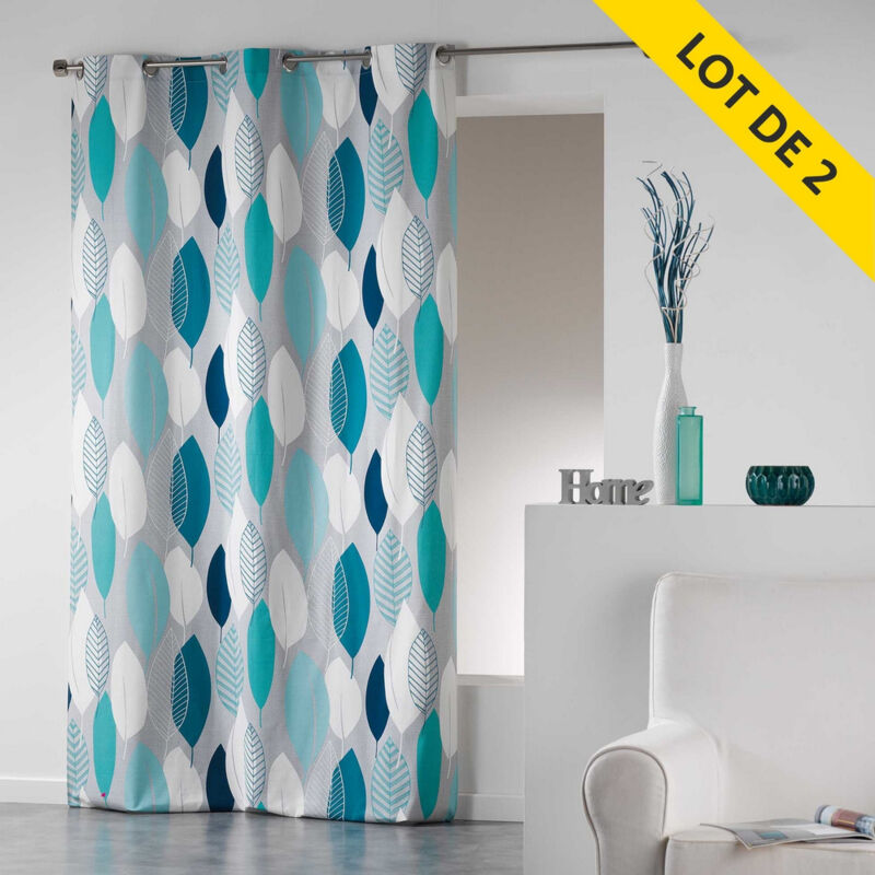 Coton D'intérieur - Lot de 2 rideaux a oeillets 140 x 240 cm coton imprime leafy Bleu