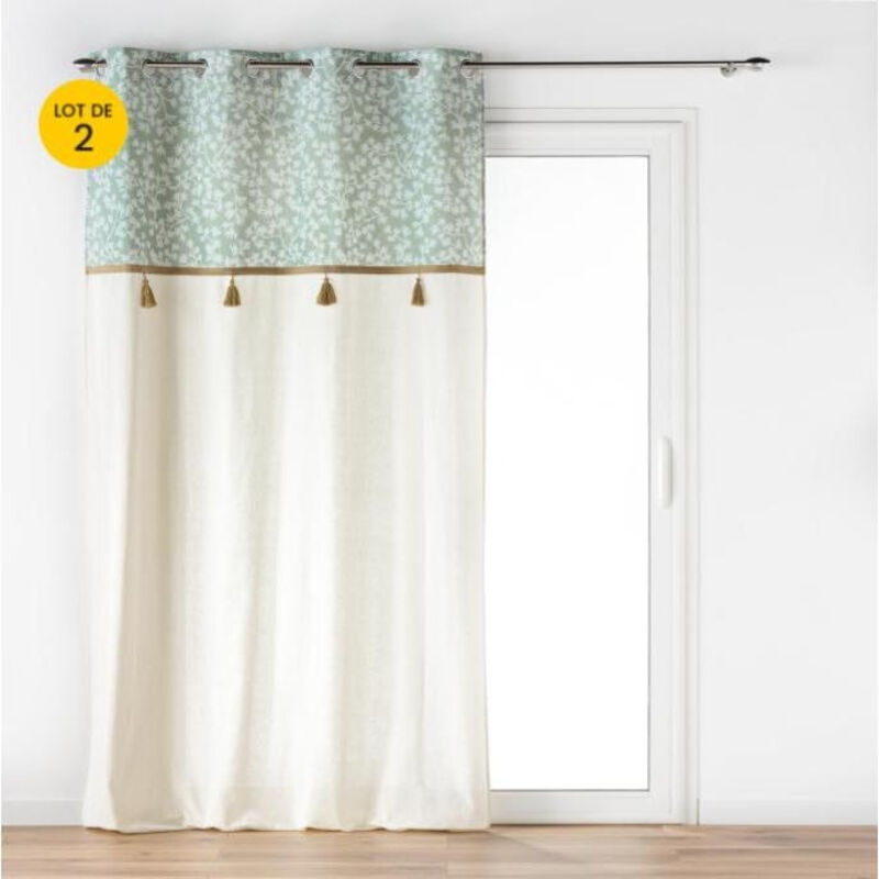 Lot de 2 Rideaux a oeillets 140 x 240 cm poly-coton + pompons Vivoline