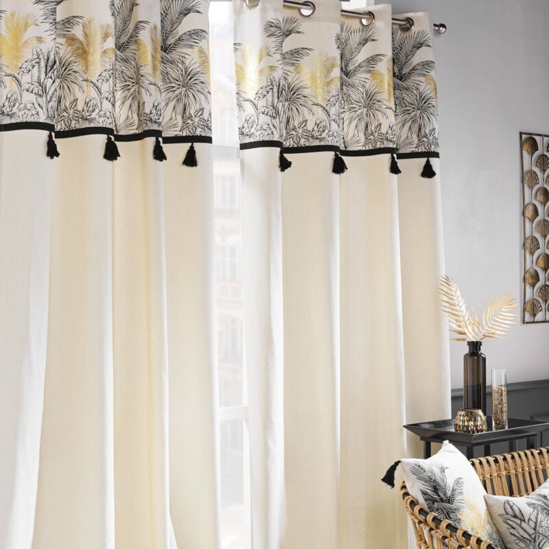 Lot de 2 Rideaux a oeillets 140 x 240 cm polycoton + pompons Papaya