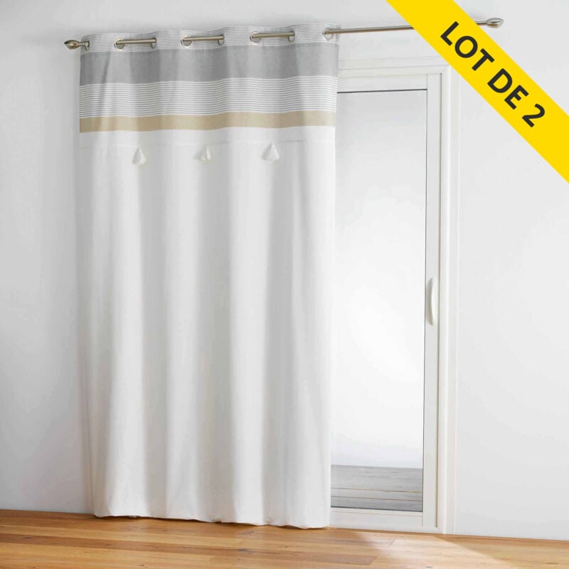 Lot de 2 rideaux a oeillets 140 x 240 coton+top pompons iliade