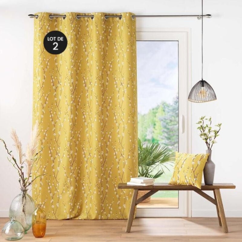 Lot de 2 Rideaux a oeillets 140 x 260 cm polyester appliqué Sakura Jaune