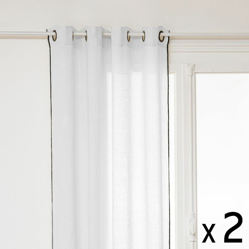 Lot de 2 Rideaux à œillets en Lin Blanc avec surpiqûre noire 130 x 260 cm Atmosphera