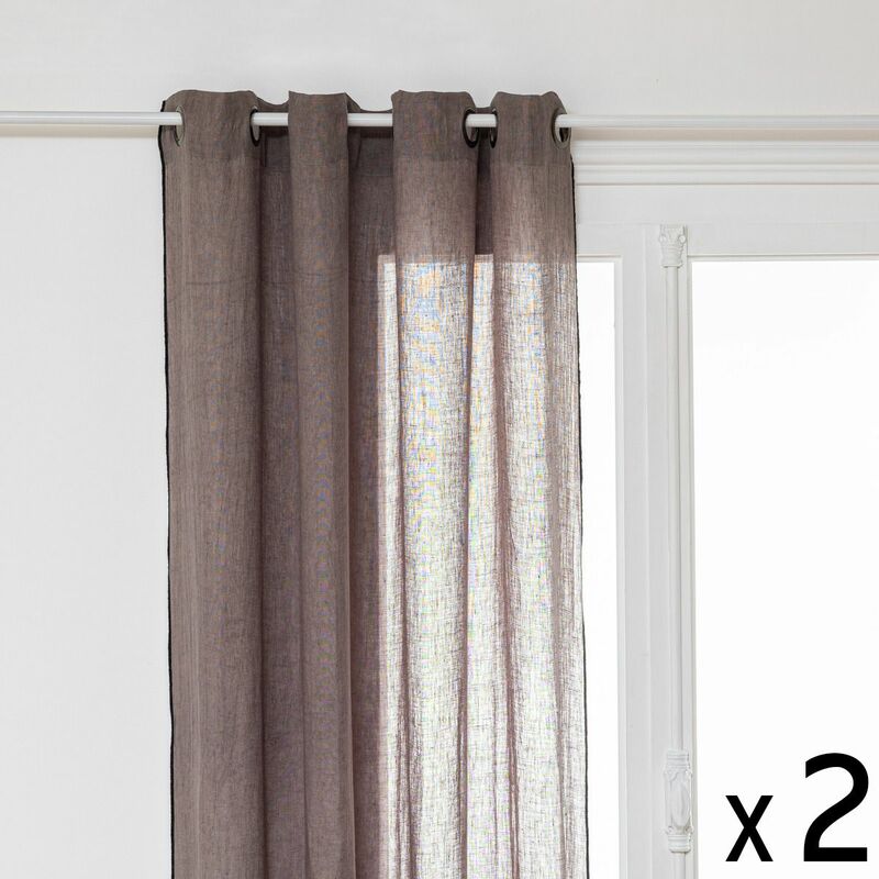 Lot de 2 Rideaux à œillets en Lin Gris avec surpiqûre noire 130 x 260 cm Atmosphera