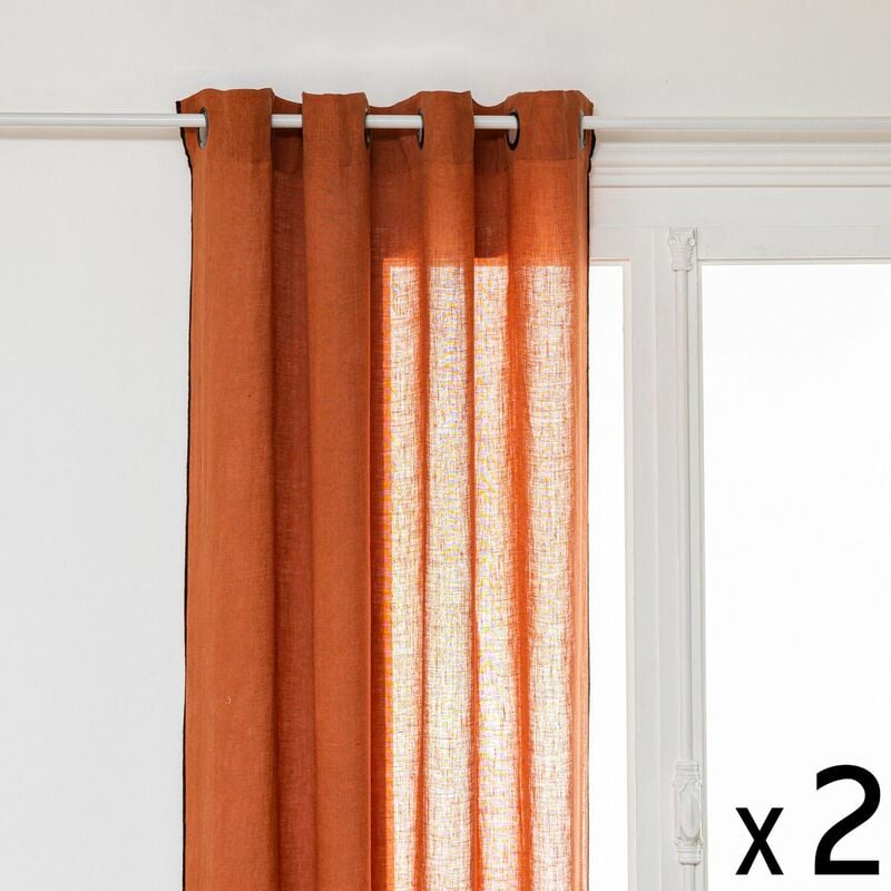 Lot de 2 Rideaux à œillets en Lin Terracotta avec surpiqûre noire 130 x 260 cm Atmosphera