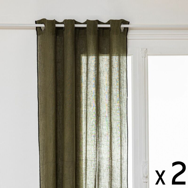 Lot de 2 Rideaux à œillets en Lin Vert Kaki avec surpiqûre noire 130 x 260 cm Atmosphera